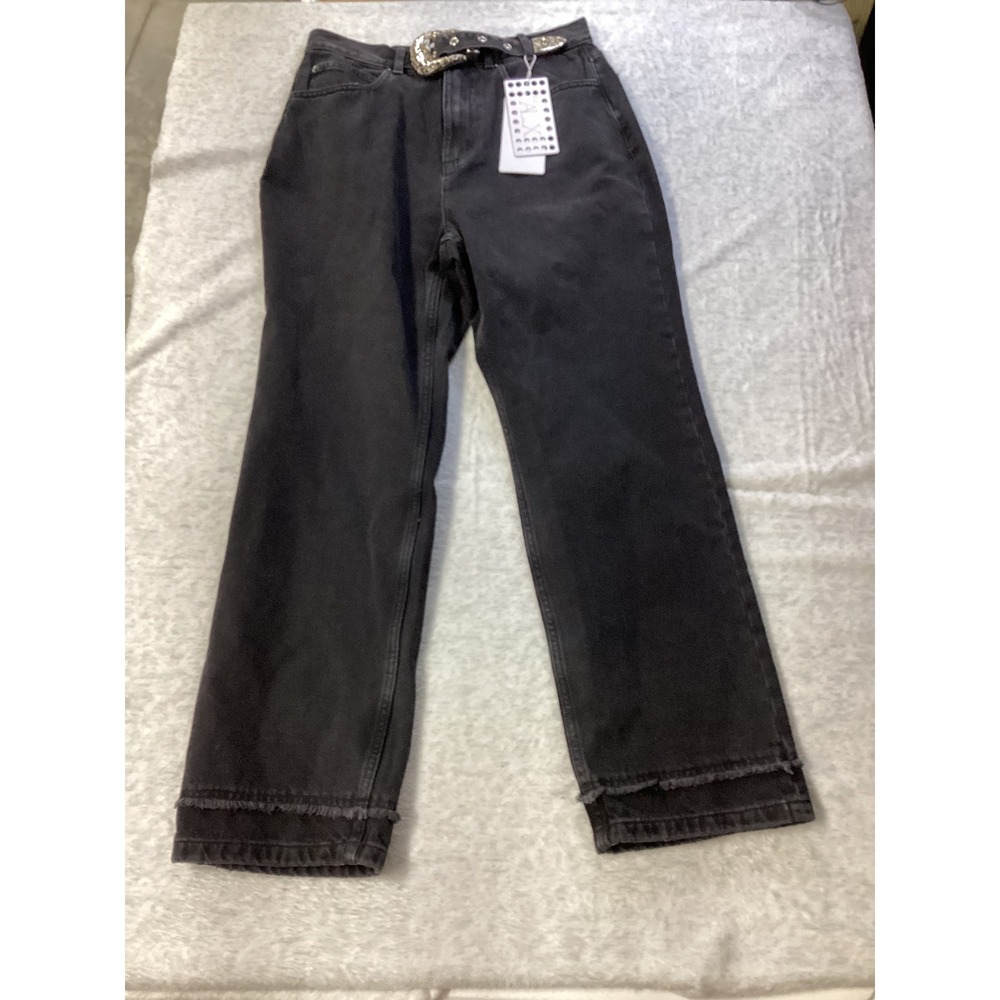 Le ALX‎ Western Belt Jean Faded Black Straight Leg Raw Hem Denim Womens Size 30